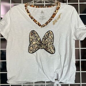 ANIMAL KINGDOM Disney White Top with Leopard Trim and Sequin Bow